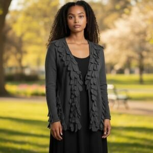 Leifsdottir Wool Cashmere Petal Ruffle Cardigan Sweater Gray Textured Small Boho